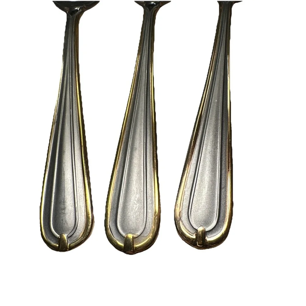 (2) Teaspoons (1) Salad Fork Hampton Lorraine Stainless‎ Gold Accent Outline